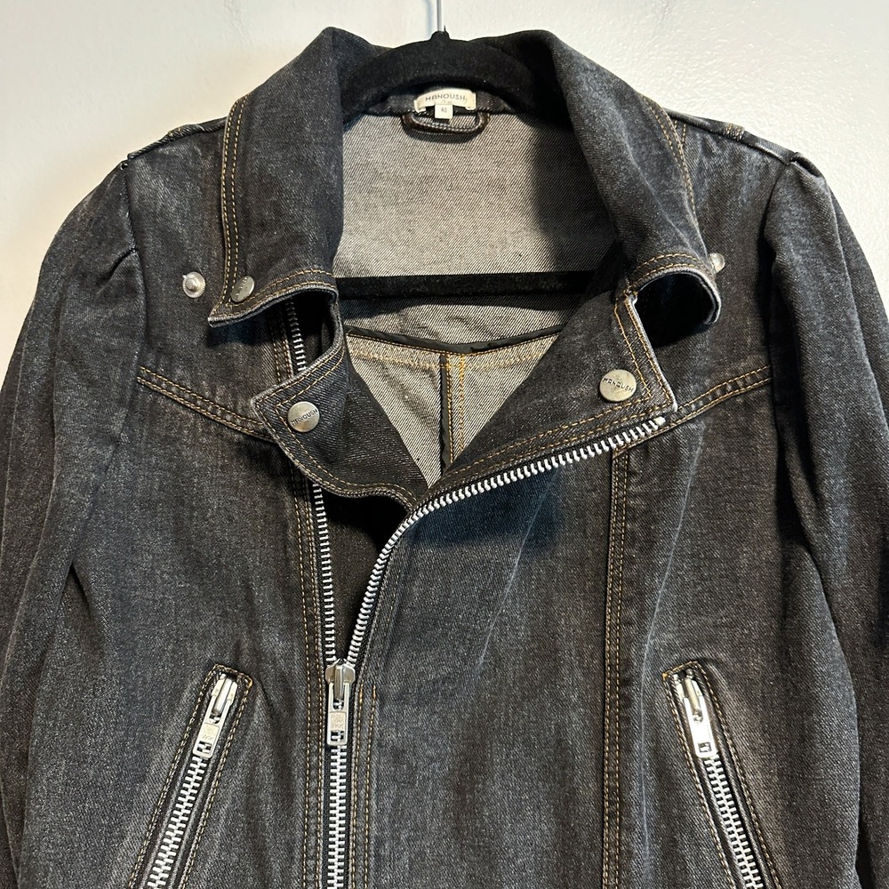 Manoush Denim Biker Jacket Motorcycle Washed Black Belted Size 40 US 8 - Picture 6 of 14